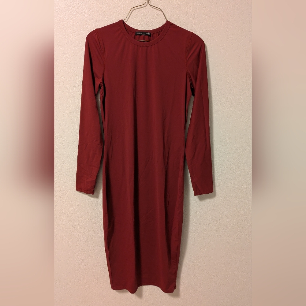 Zara Elegant Maroon Long Sleeve Dress - Picture 3 of 7